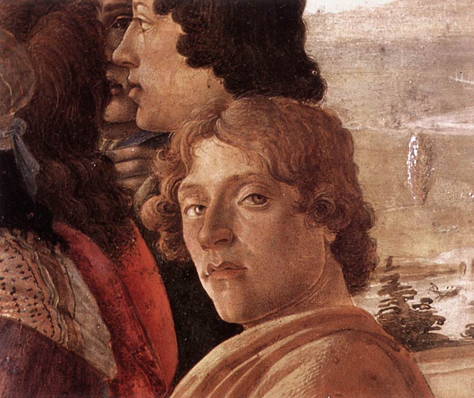 Detail of the kneeling king in front of the Christ Child: an older bearded man, his crown set on the ground beside him, holding the Child's foot. Identified by Vasari as a portrait of Cosimo il Vecchio de' Medici, the dynasty's founder.