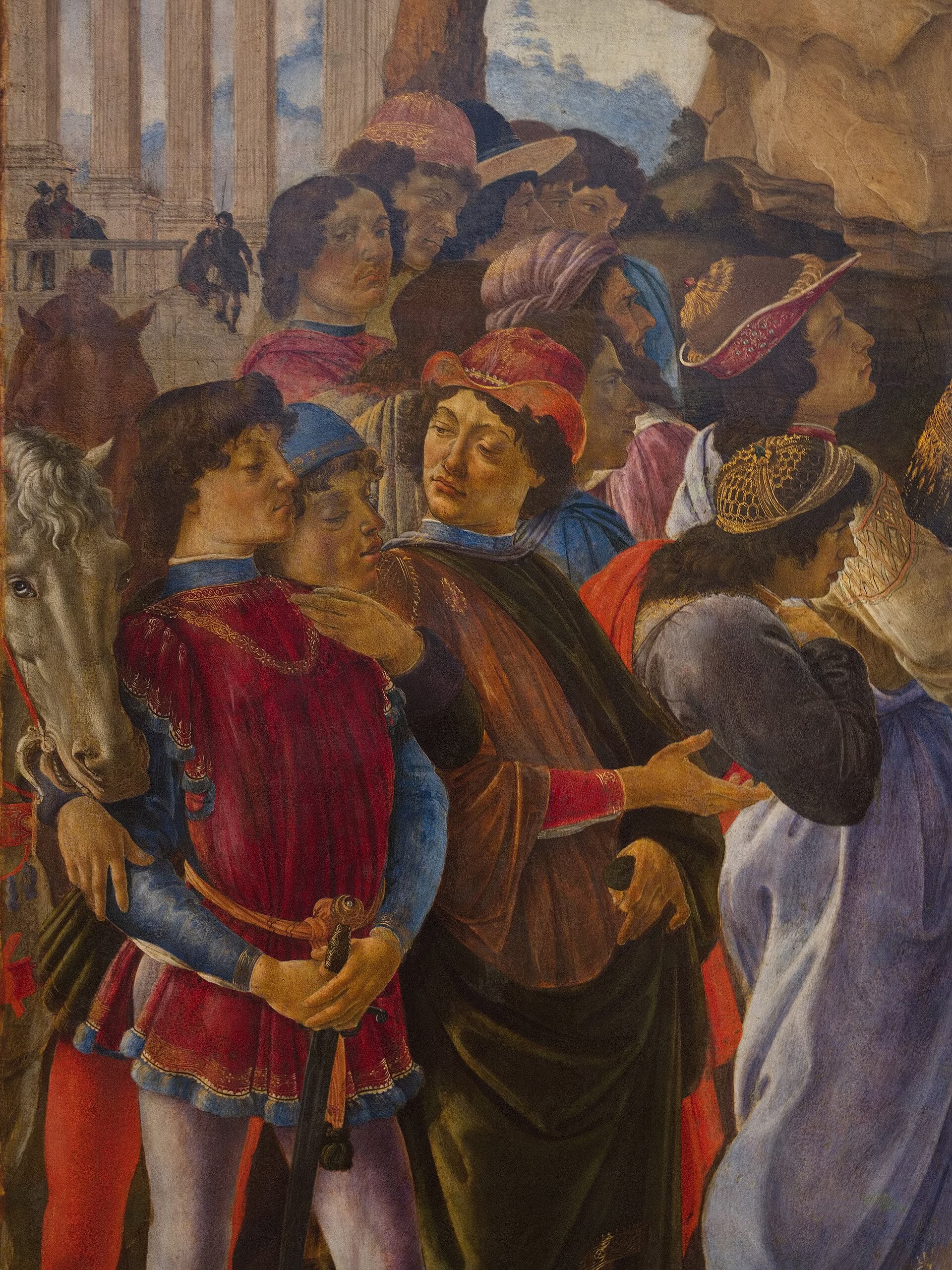 Detail of the standing crowd on the right side of the painting, including Giuliano de' Medici among the bystanders. Giuliano would be assassinated three years after this painting was finished, in the Pazzi Conspiracy of 1478.