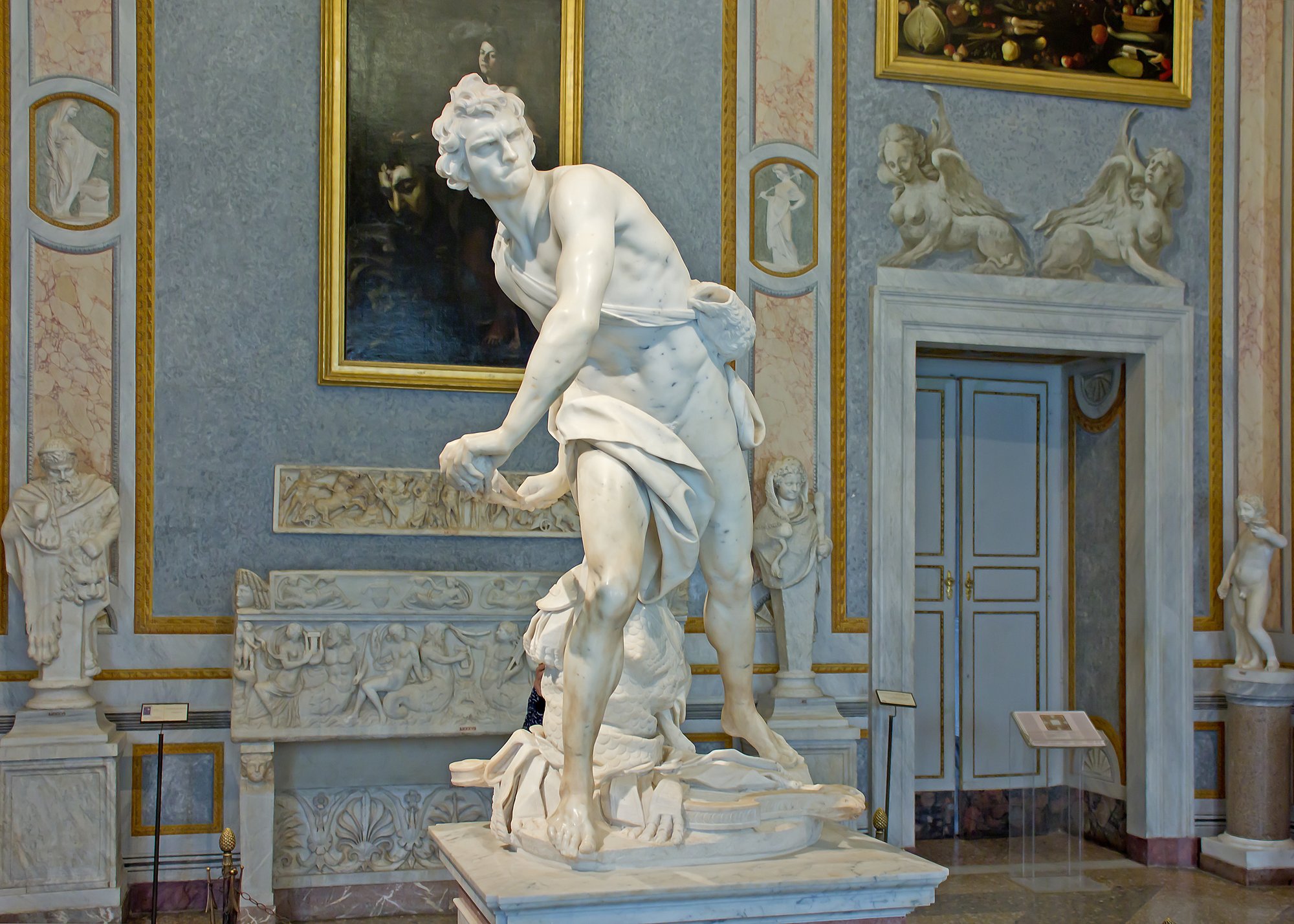 Bernini's David in the Galleria Borghese showing the twisted torso and raised back heel, mid-throw