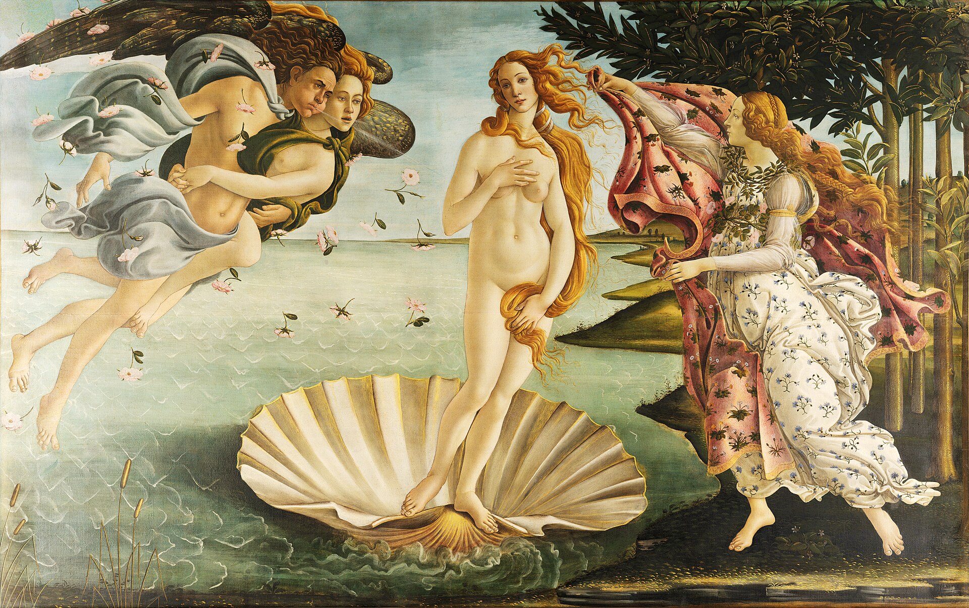 Sandro Botticelli's The Birth of Venus, painted around 1485, with the goddess standing on a scallop shell at the center of the canvas while Zephyr blows her ashore on the left and a Hora waits to wrap her on the right.