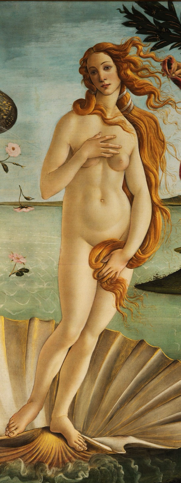 Detail from The Birth of Venus showing the goddess's face: tilted slightly to the side, eyes directed past the viewer, expression neither shy nor seductive but contemplative.