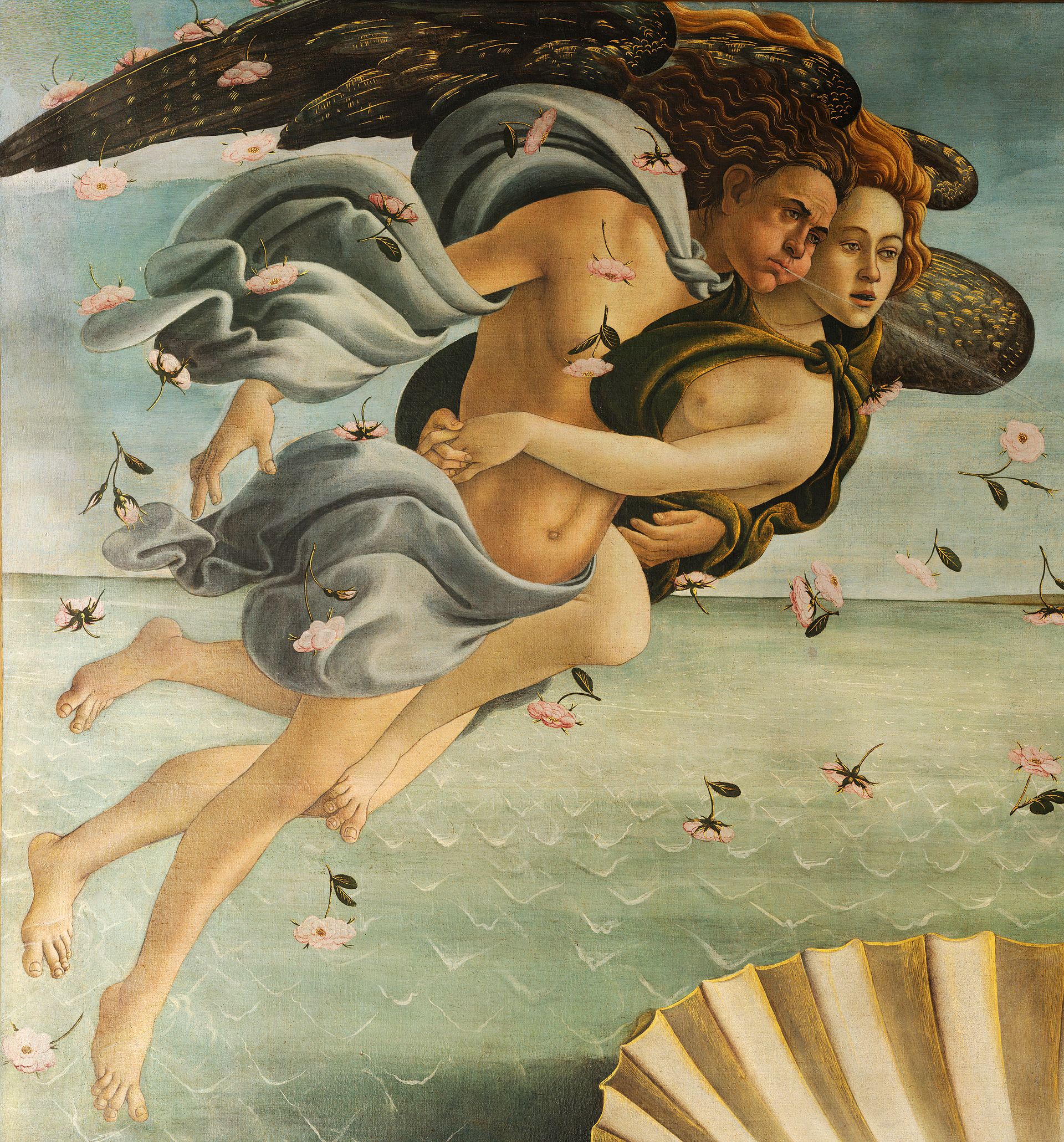 Detail from the left of the painting: Zephyr, the west wind, with his cheeks distended, blowing the goddess toward shore, his arms wrapped around the smaller female figure of Chloris, both of them tangled in a swirl of golden hair and pink flowers.