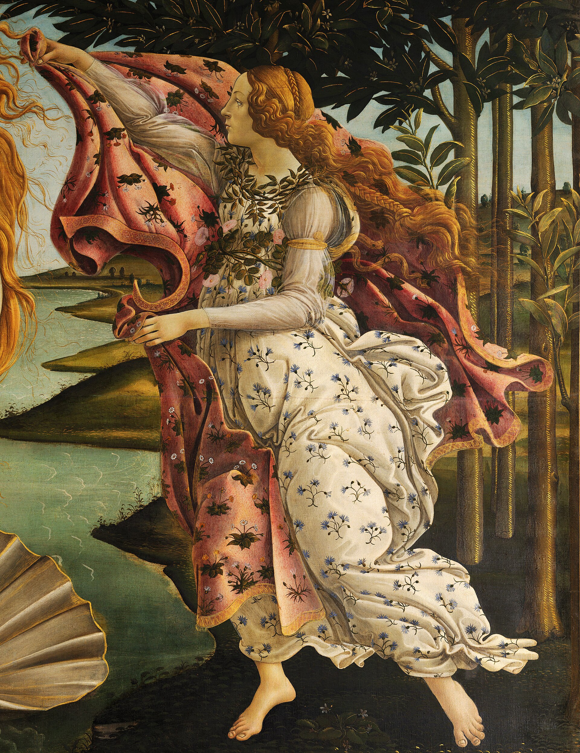 Detail of the Hora of Spring on the right of the painting, in a white dress patterned with cornflowers, holding out a long pink mantle that is about to wrap around the new goddess.
