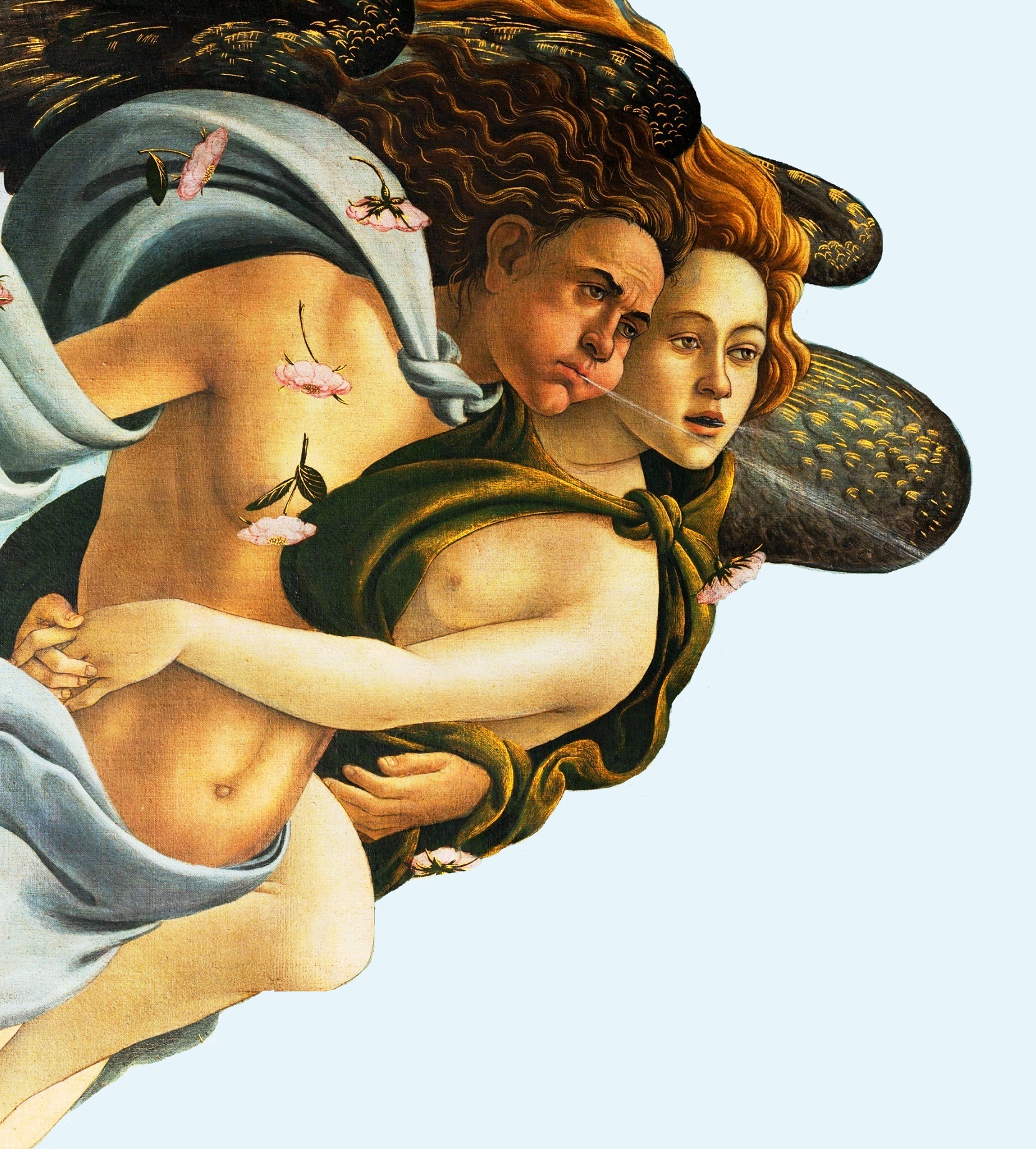 Detail of Venus standing on her scallop shell, weight on her right foot, the long blonde hair falling across her body in a single decorative coil, the cool sage-green water lapping at the edge of the shell.