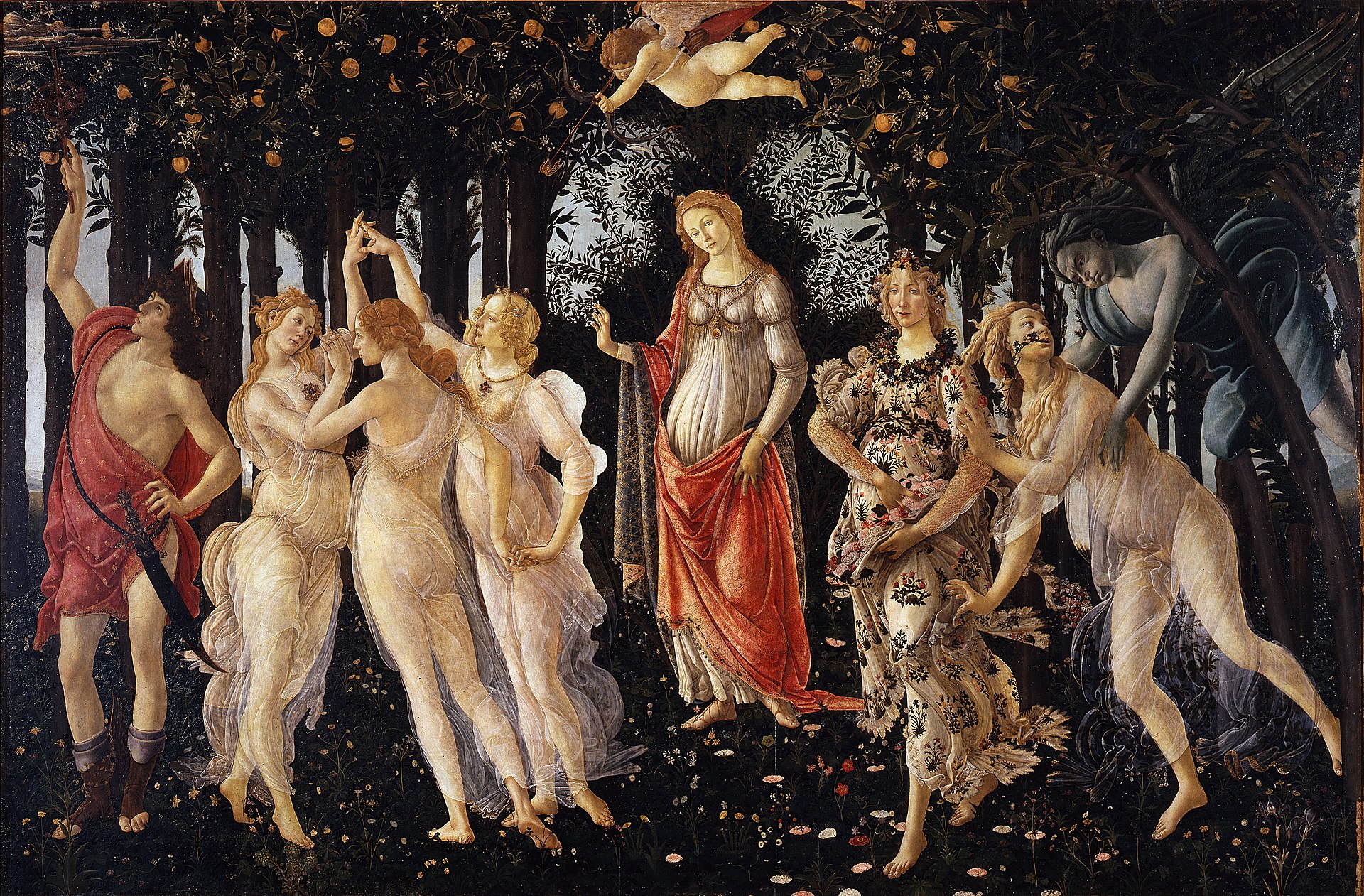 Sandro Botticelli's La Primavera, hanging on the perpendicular wall to The Birth of Venus in the same Botticelli room.