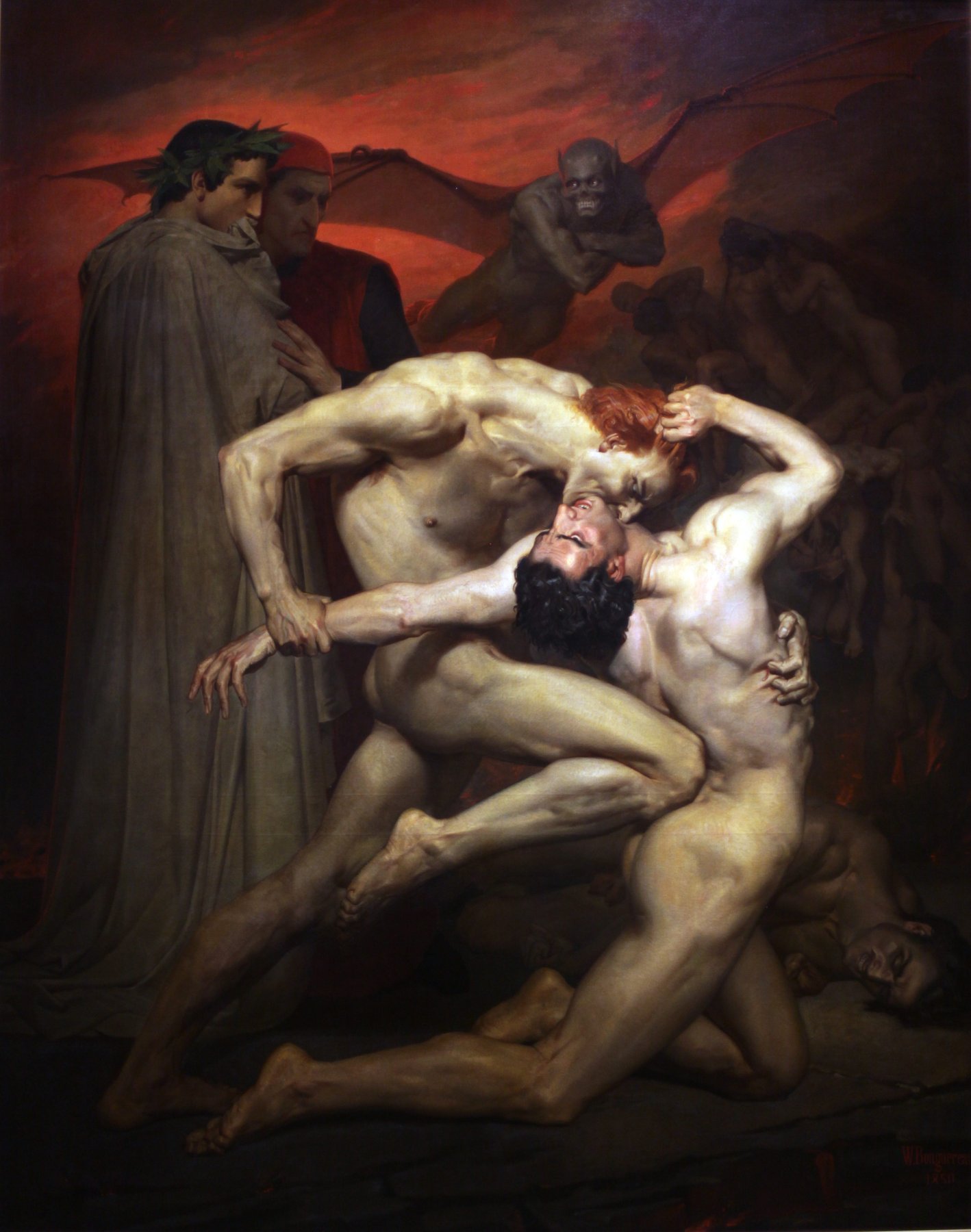A detail of the bite -- Gianni Schicchi's teeth in Capocchio's neck, with Dante and Virgil watching