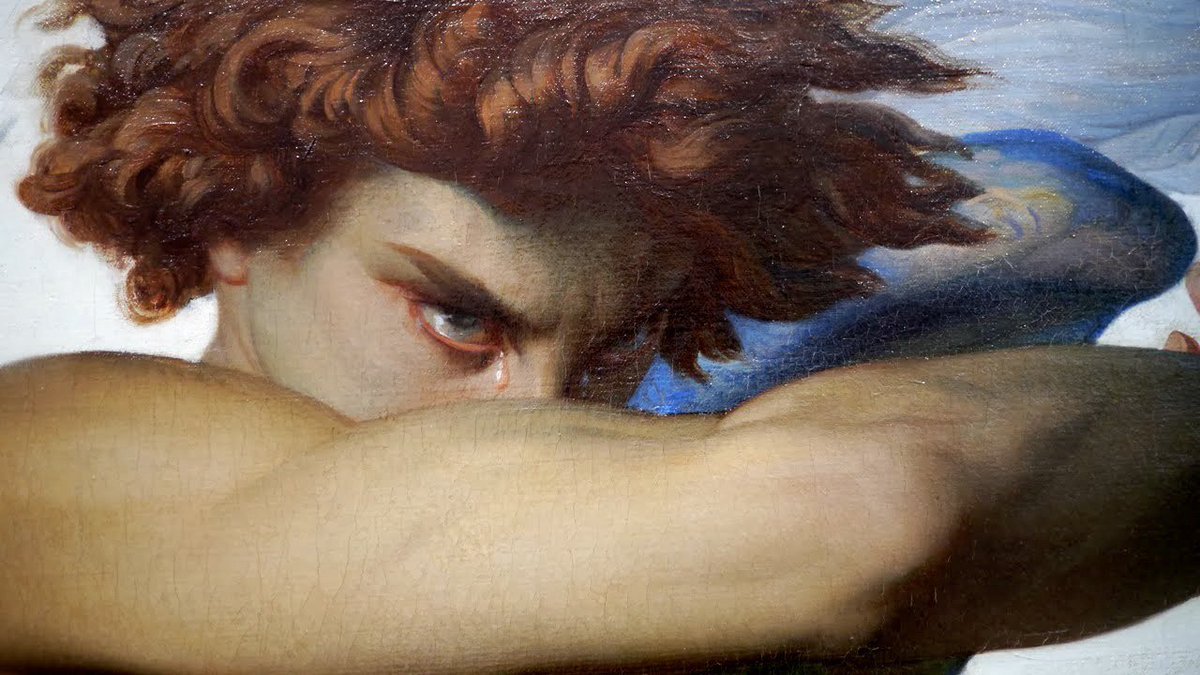 A close detail of The Fallen Angel's face, with the tears and the single visible glaring eye