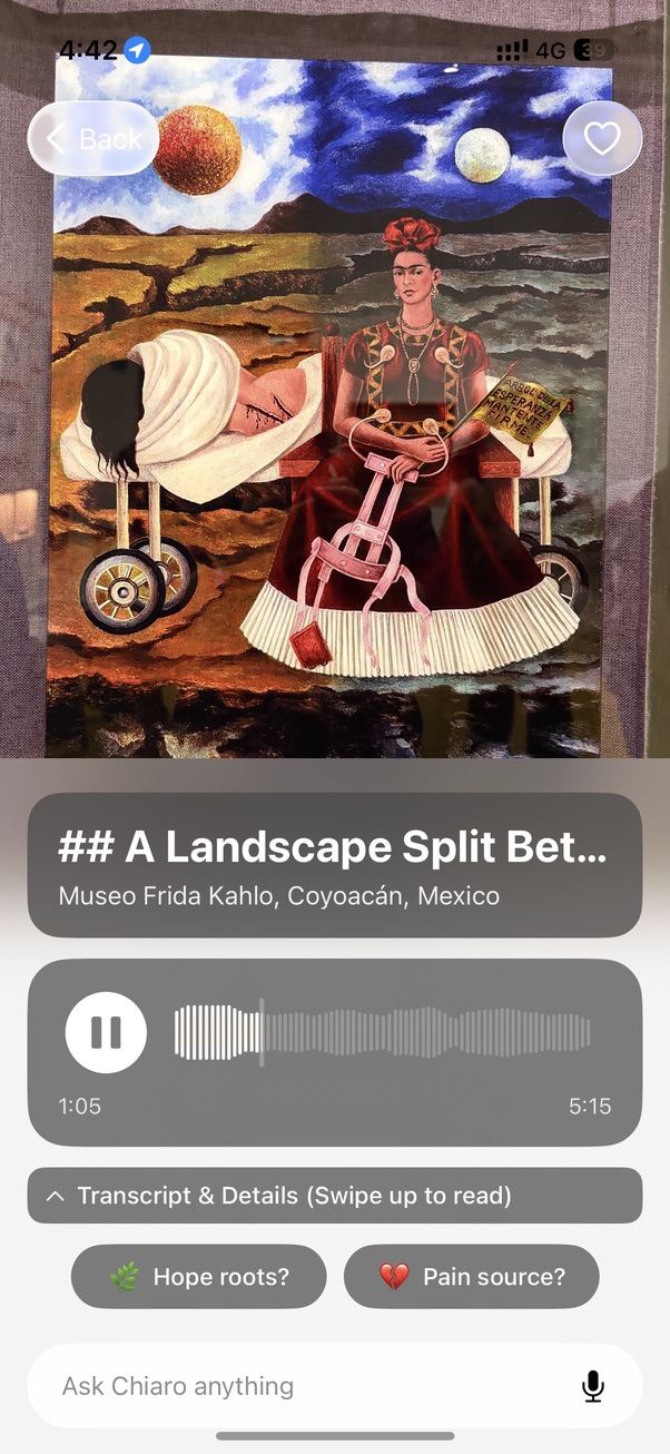 Chiaro recognizing a Frida Kahlo painting at the Museo Frida Kahlo in Coyoacán, with the audio guide playing and follow-up buttons asking about roots and pain source.