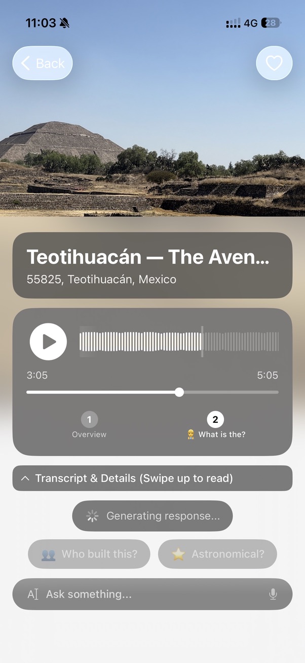 Chiaro generating a follow-up guide at Teotihuacán, showing the Avenue of the Dead, a second chapter tab, and a "Generating response" indicator as the next part of the story loads.