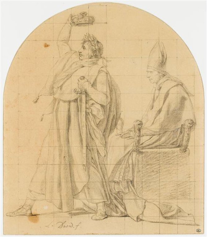 A pencil drawing on squared beige paper of Napoleon in a laurel wreath raising a crown over his own head with his right hand, his left hand on a sword, and a mitred pope seated beside him.