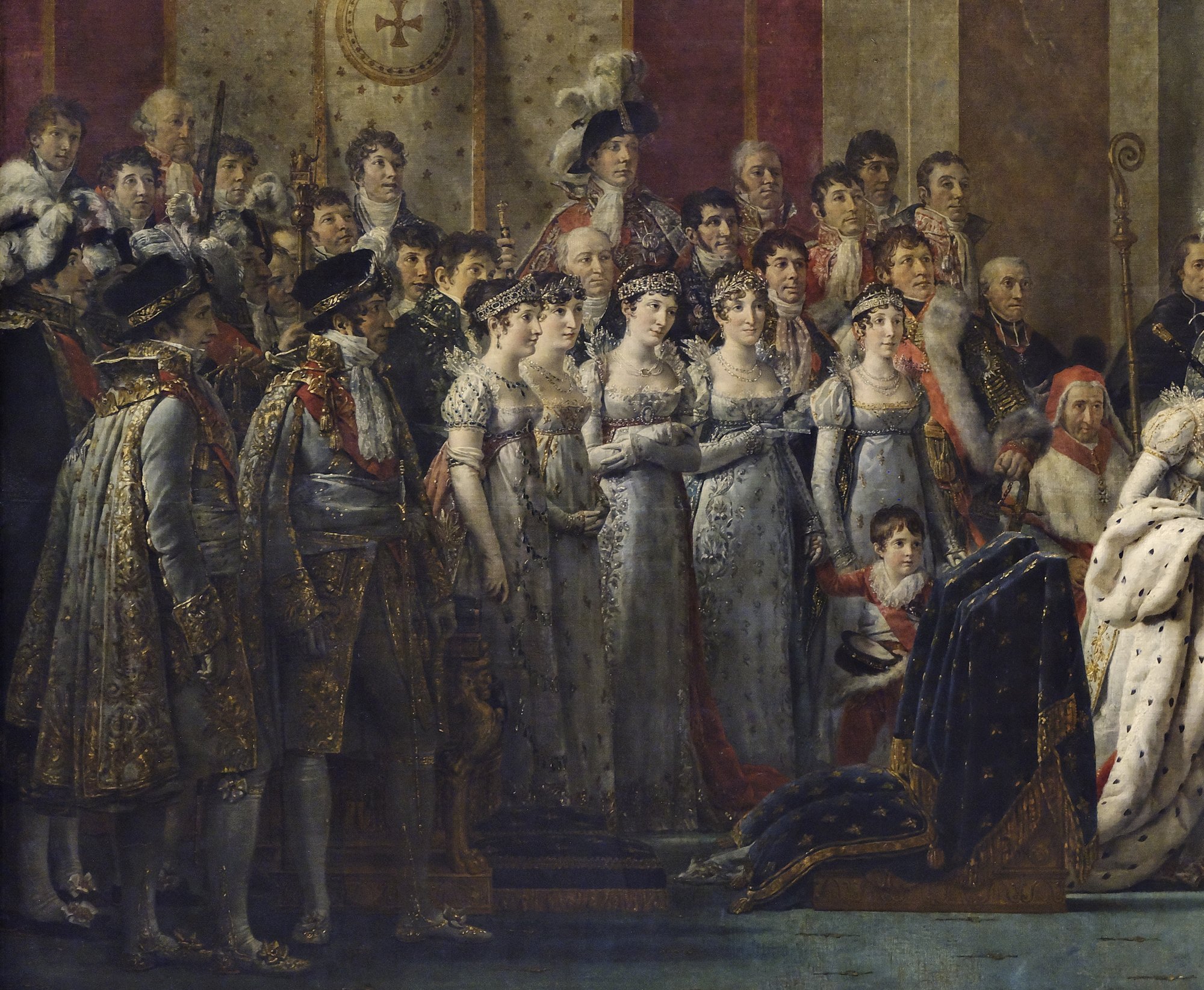 Detail of the left side of the painting: two men in gold-embroidered cloaks, five women in white court dresses and diadems, a small boy in red holding a woman's hand, and marshals in plumed hats behind them.