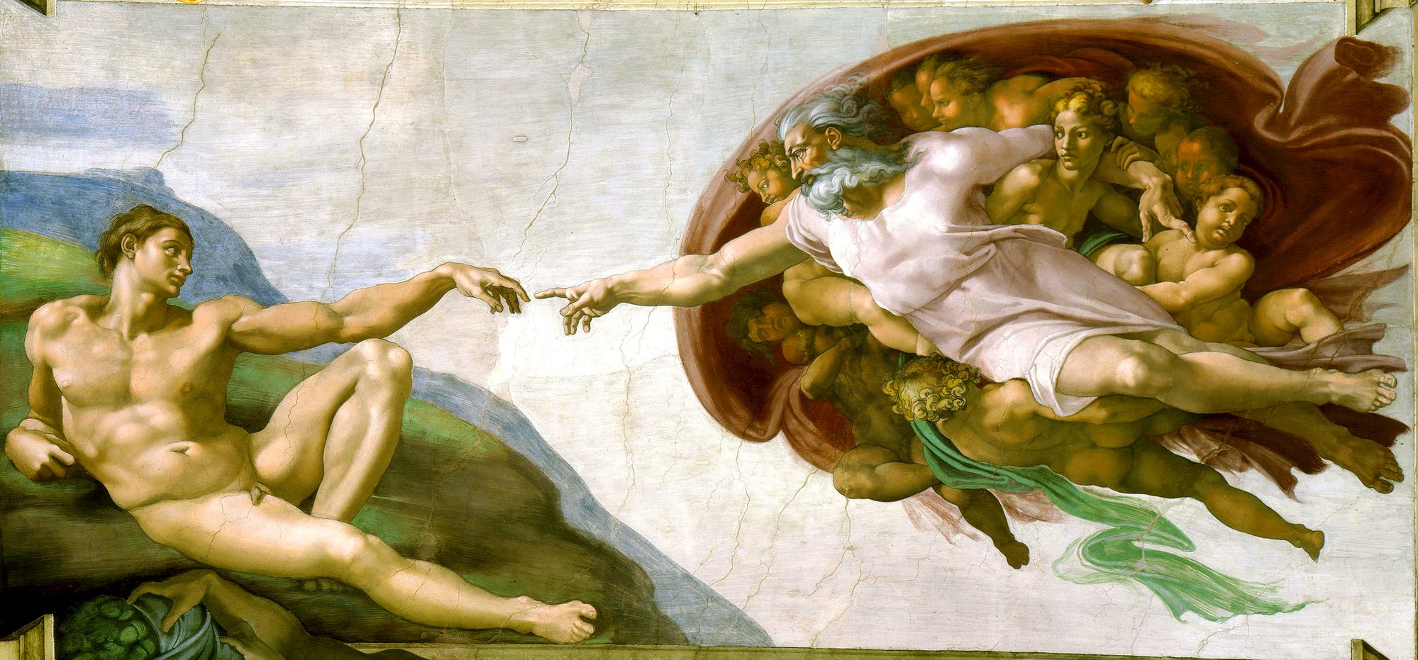 Michelangelo's Creation of Adam, Sistine Chapel ceiling, showing God reaching toward Adam with the red cloak surrounding God