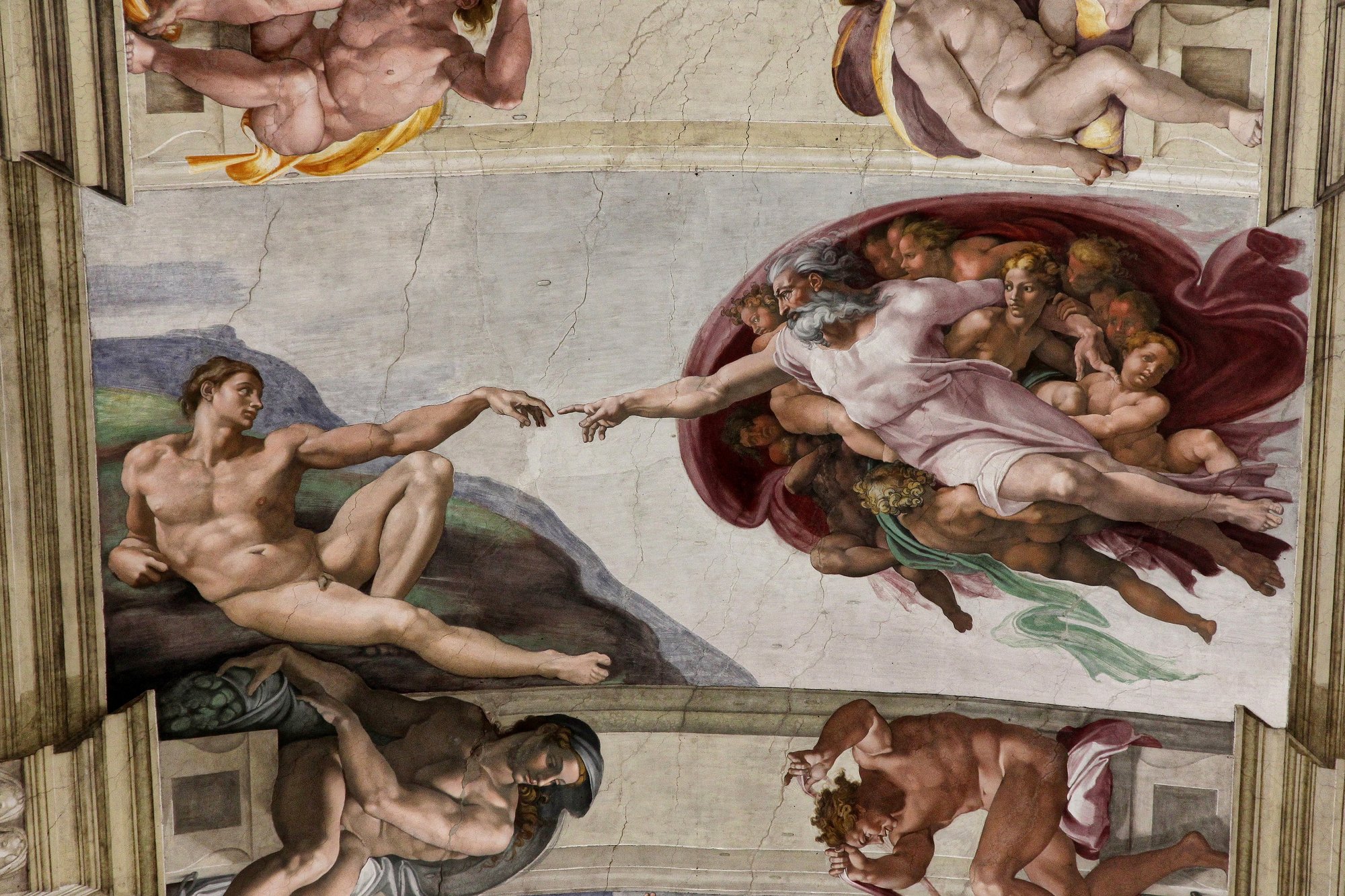 Sistine Chapel ceiling Creation of Adam panel showing God, angels and the billowing red cloak