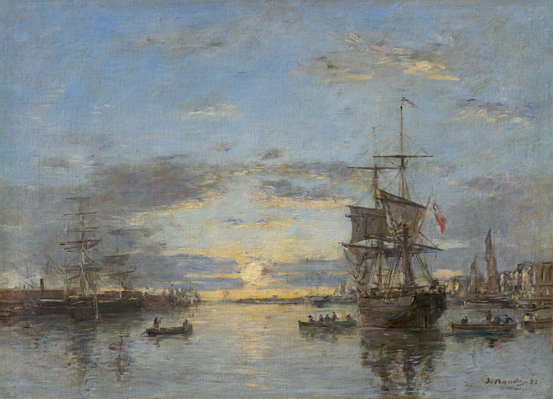 Eugène Boudin's view of Le Havre's outer harbor at sunset, 1882. Boudin was Monet's first teacher and the painter who got the seventeen-year-old Monet outdoors
