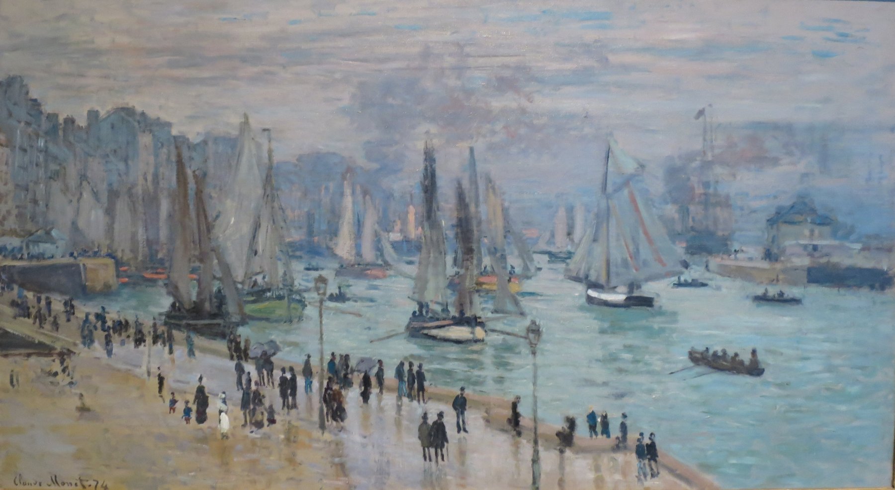 Monet's 1874 Fishing Boats Leaving the Harbor at Le Havre, painted two years after the Sunrise from the same waterfront