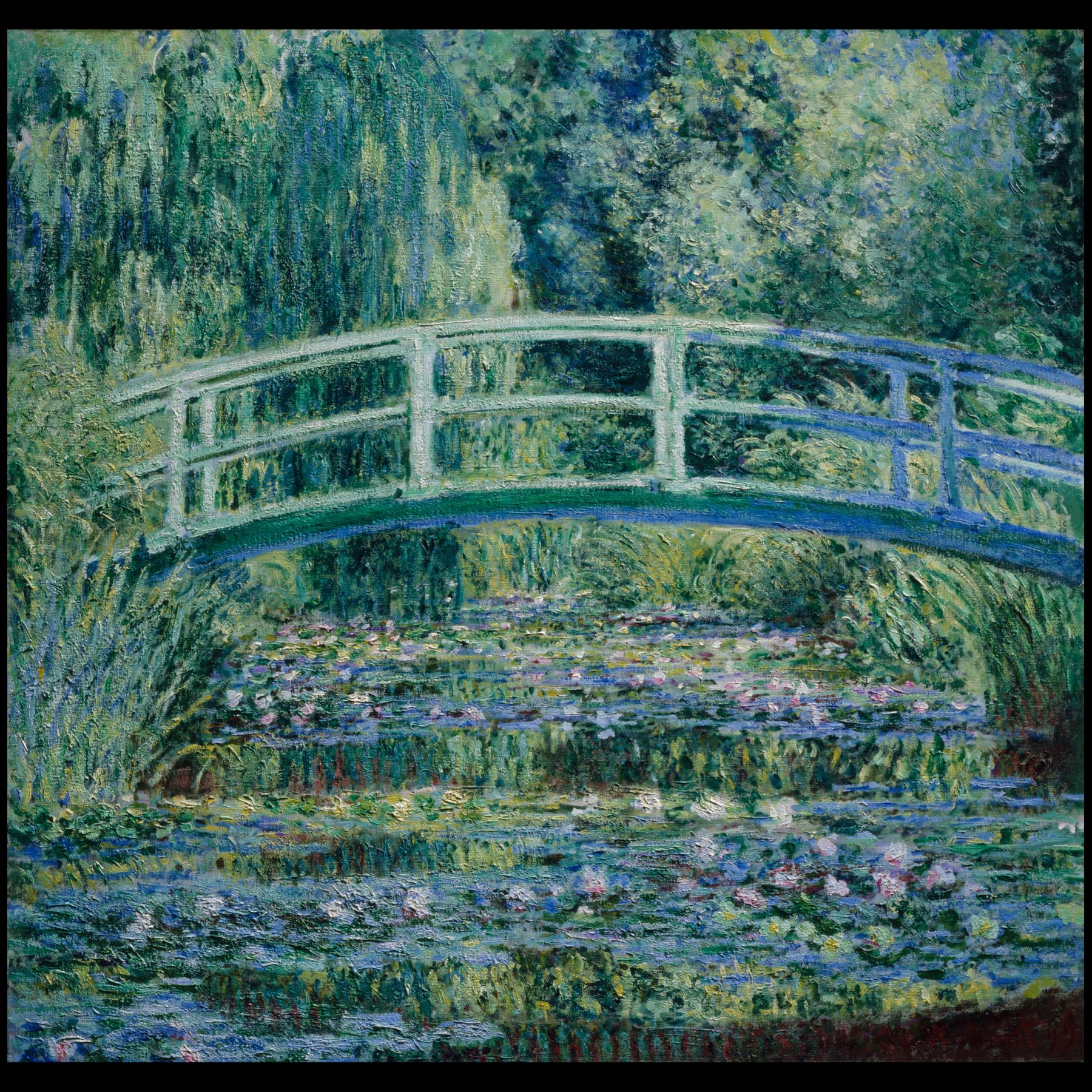 Monet's Water Lilies and Japanese Bridge (around 1899), the early phase of the lily-pond paintings before the bridge disappeared from his frame