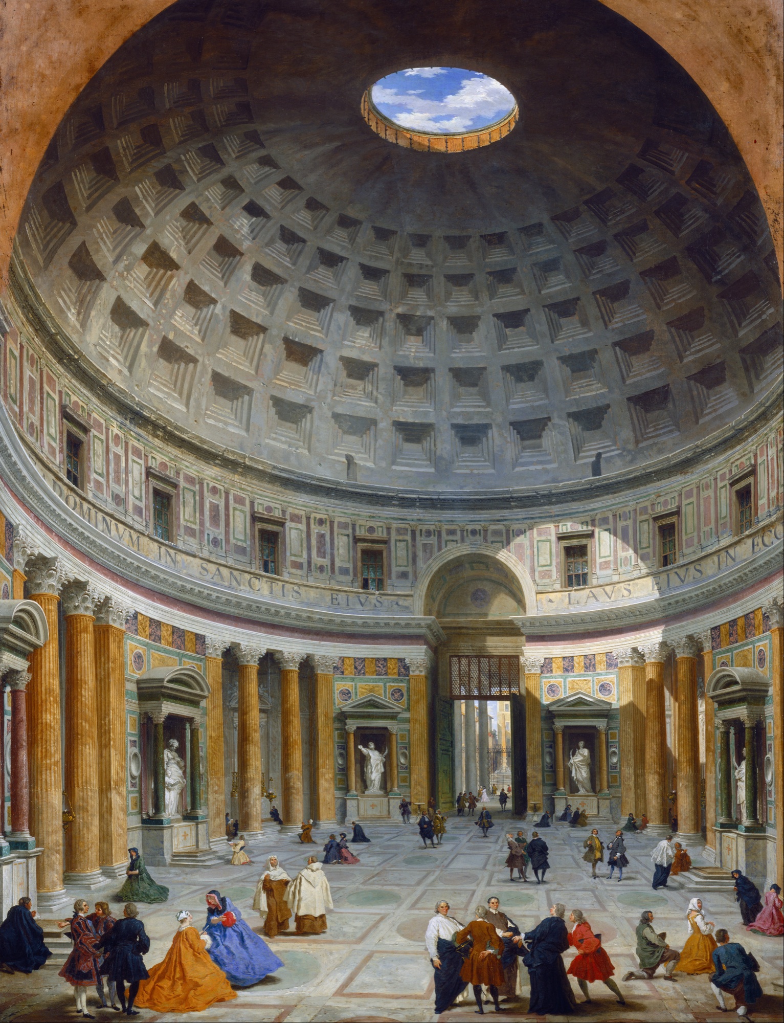 Giovanni Paolo Panini's 18th-century painting of the interior of the Pantheon, showing visitors dwarfed by the coffered dome and the single shaft of light from the oculus.