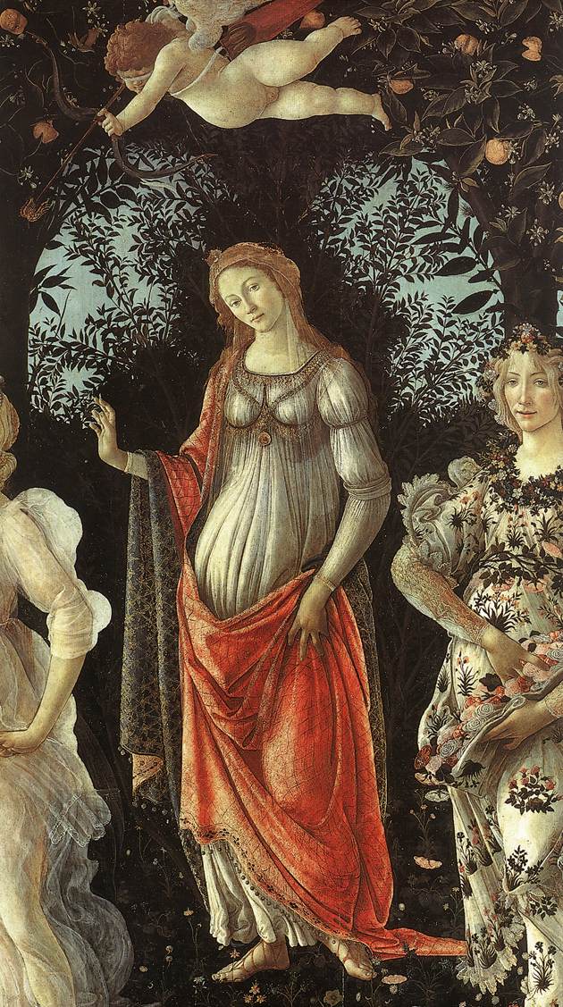 Detail of the Three Graces: three young women in transparent white gowns, hand in hand, dancing in a circle, with veils trailing in the air behind them.