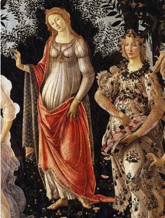 Detail of the flowers under Flora's feet and around the lower foreground of Primavera: cornflowers, roses, periwinkles, narcissus, and dozens of other species blooming in the grass.