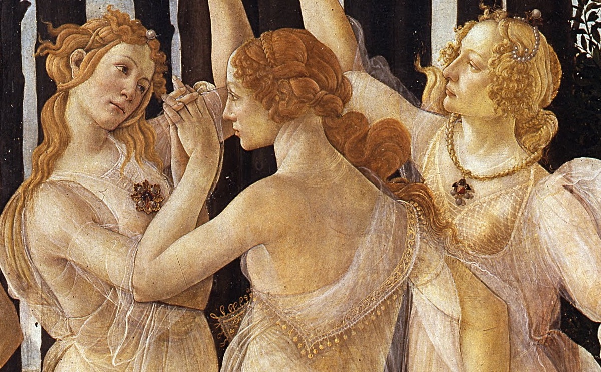 A second detail of the Three Graces, seen from slightly behind: the back of one Grace's head, the elaborately braided hair, the transparent fabric of her gown.