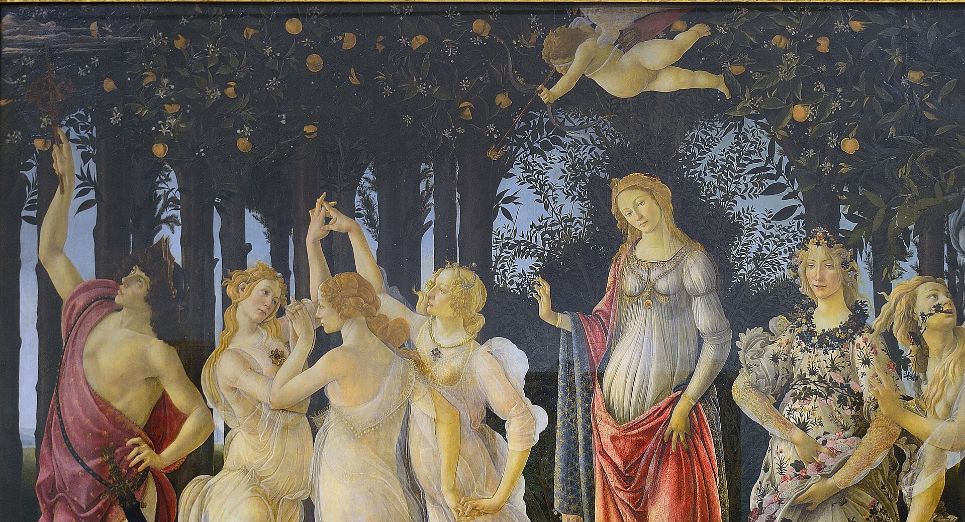 Detail of Zephyr on the right edge of Primavera: a blue, swollen-cheeked figure half-emerging from the trees, his arms wrapped around the nymph Chloris.