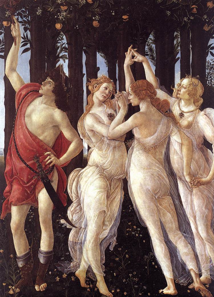 Detail of Cupid above Venus: blindfolded, drawing his bow, aimed at the central figure of the Three Graces.