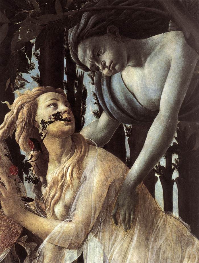 Detail of Venus at the center of Primavera: standing slightly back from the other figures, in a red mantle and white underdress, hand raised in a gesture of welcome or blessing.