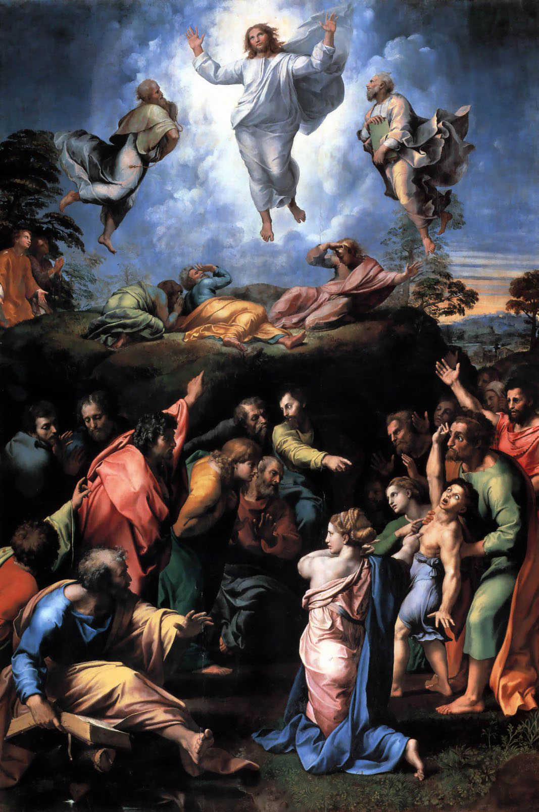 Raphael's Transfiguration, his final painting, with Christ hovering in light above the apostles in the upper half and a crowd struggling around a possessed boy below.
