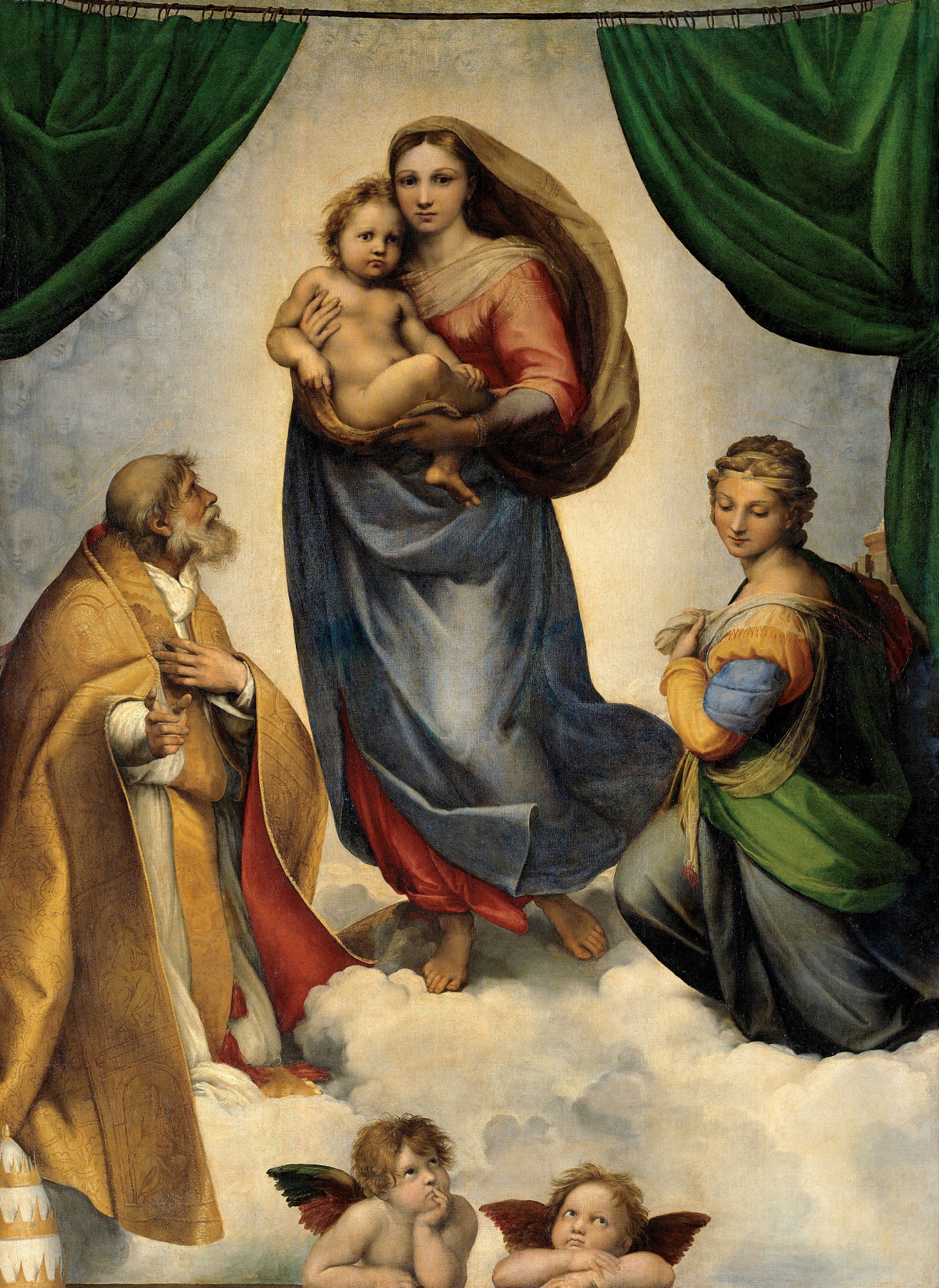Raphael's Sistine Madonna, painted around 1513-14 for the church of San Sisto in Piacenza, showing the Virgin descending on clouds between Saints Sixtus and Barbara.