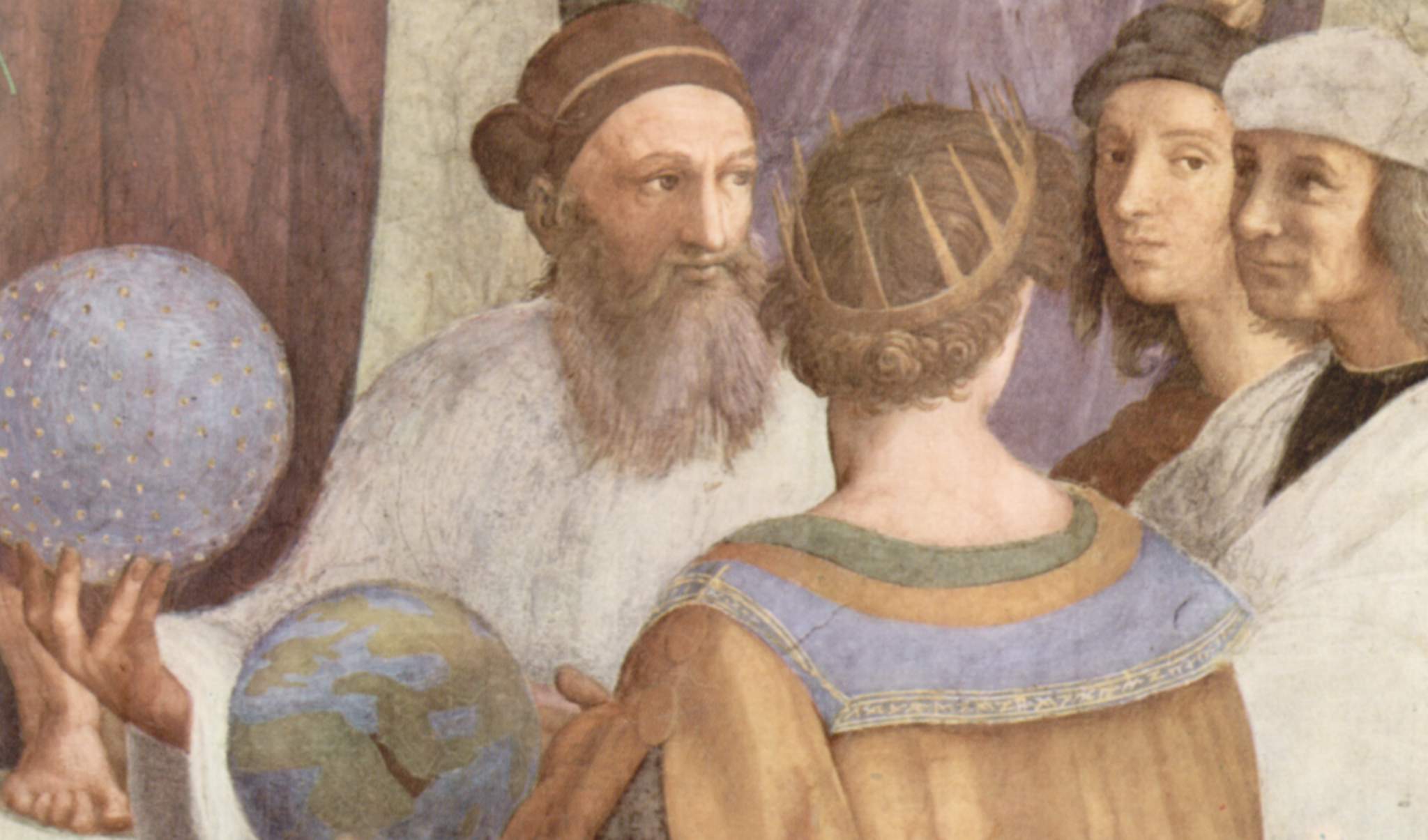 Detail from Raphael's School of Athens: the painter's self-portrait in a dark cap on the far right, beside Zoroaster with the celestial globe and Ptolemy with the terrestrial globe.