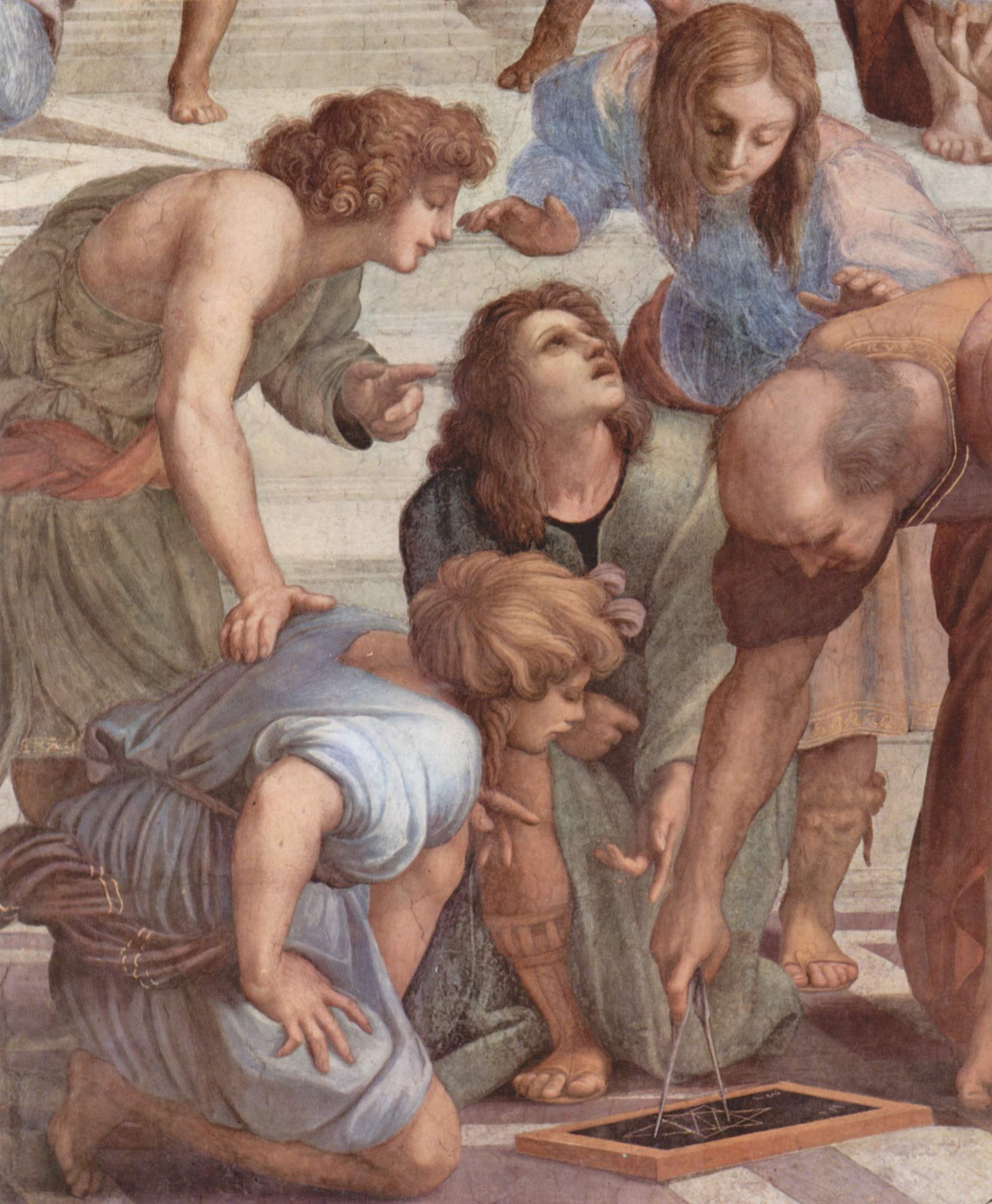 Detail from The School of Athens showing Euclid bent over his slate with a compass, surrounded by students, with Raphael's R.V.S.M. signature hidden on the collar of Euclid's tunic.