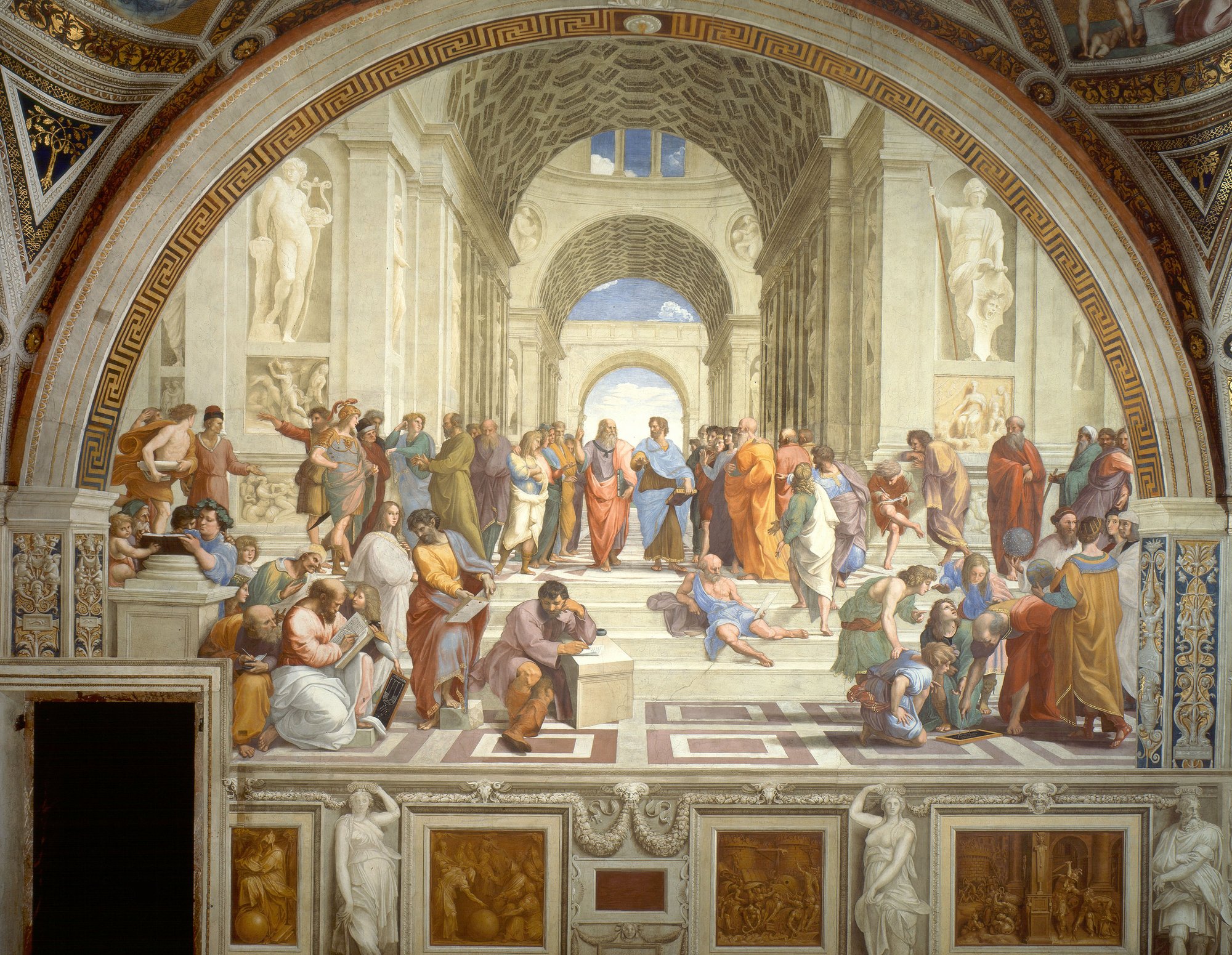 Raphael's School of Athens fresco in the Stanza della Segnatura, showing ancient philosophers gathered beneath a vast barrel-vaulted hall.