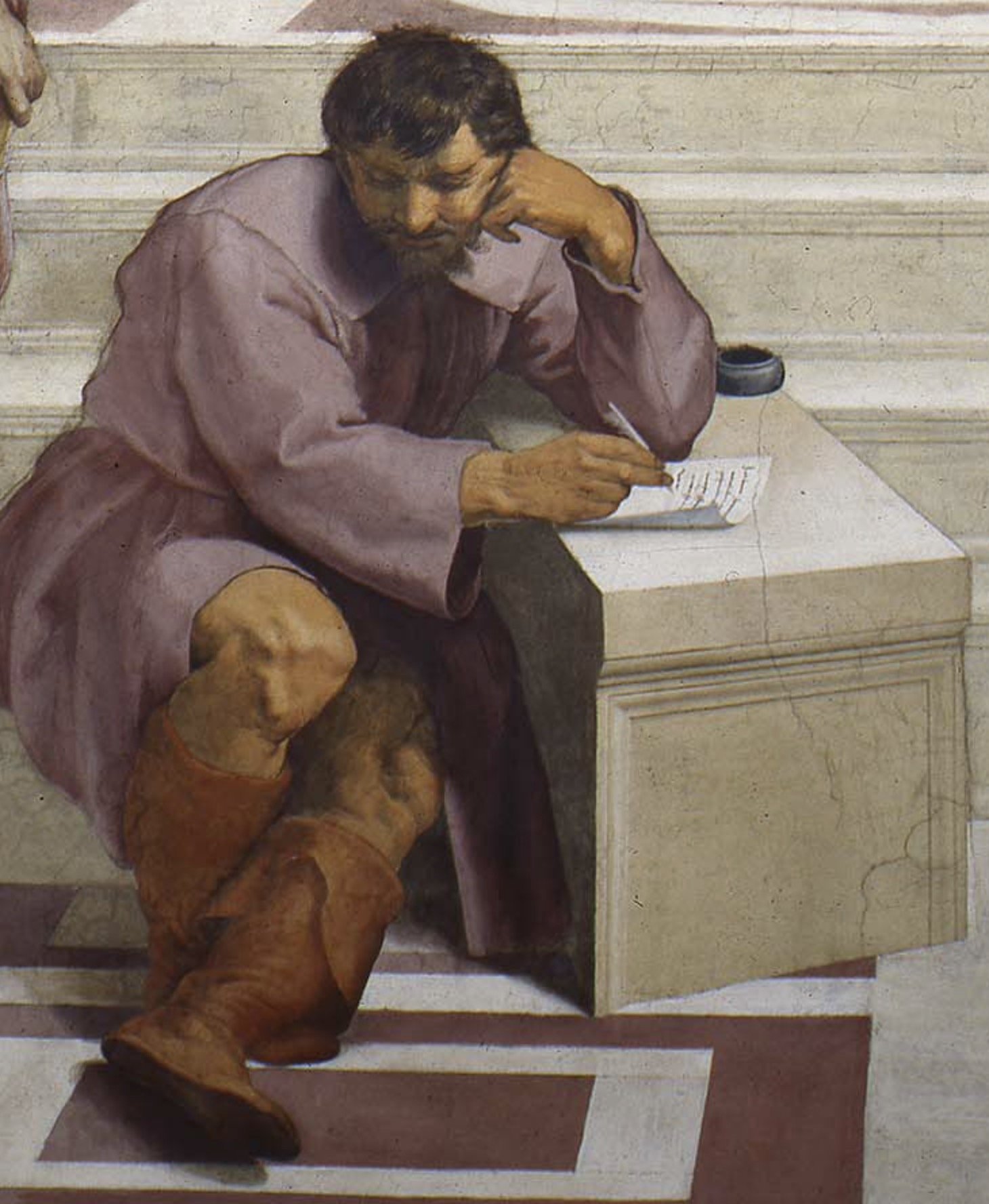Detail from The School of Athens showing the solitary figure of Heraclitus, modeled on Michelangelo, seated on a marble block in a white tunic, chin resting on his fist.