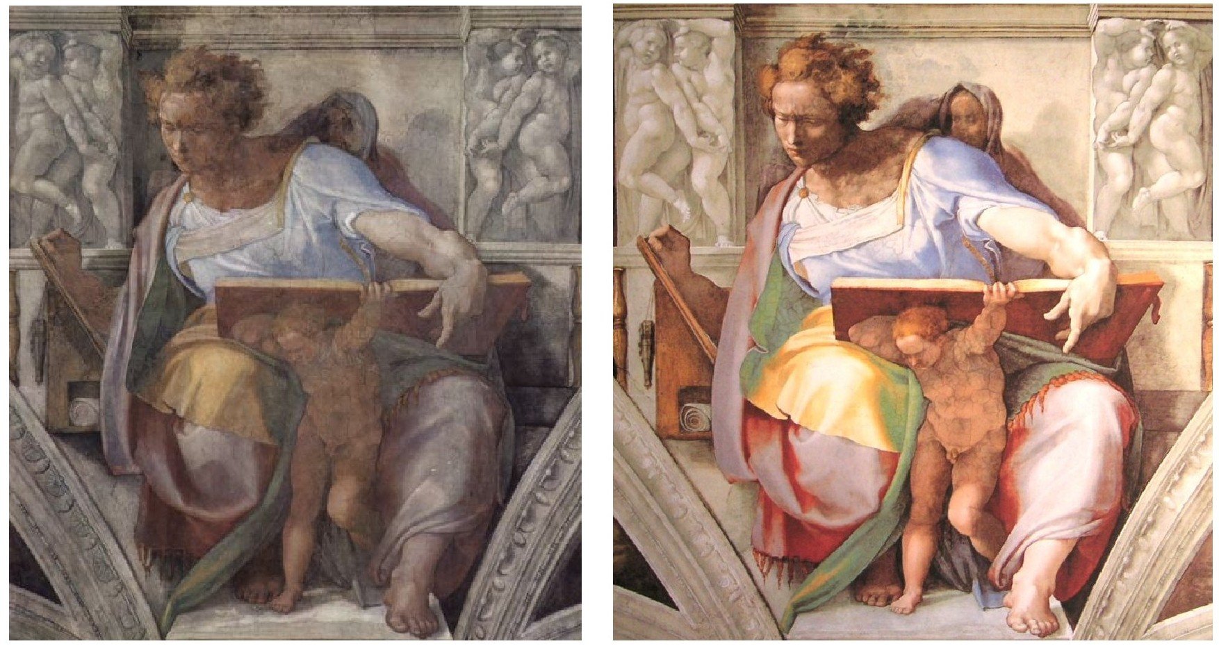 Sistine Chapel panel of Daniel shown before and after the 1980-1994 Vatican restoration, revealing bright Michelangelo pigments beneath centuries of candle soot