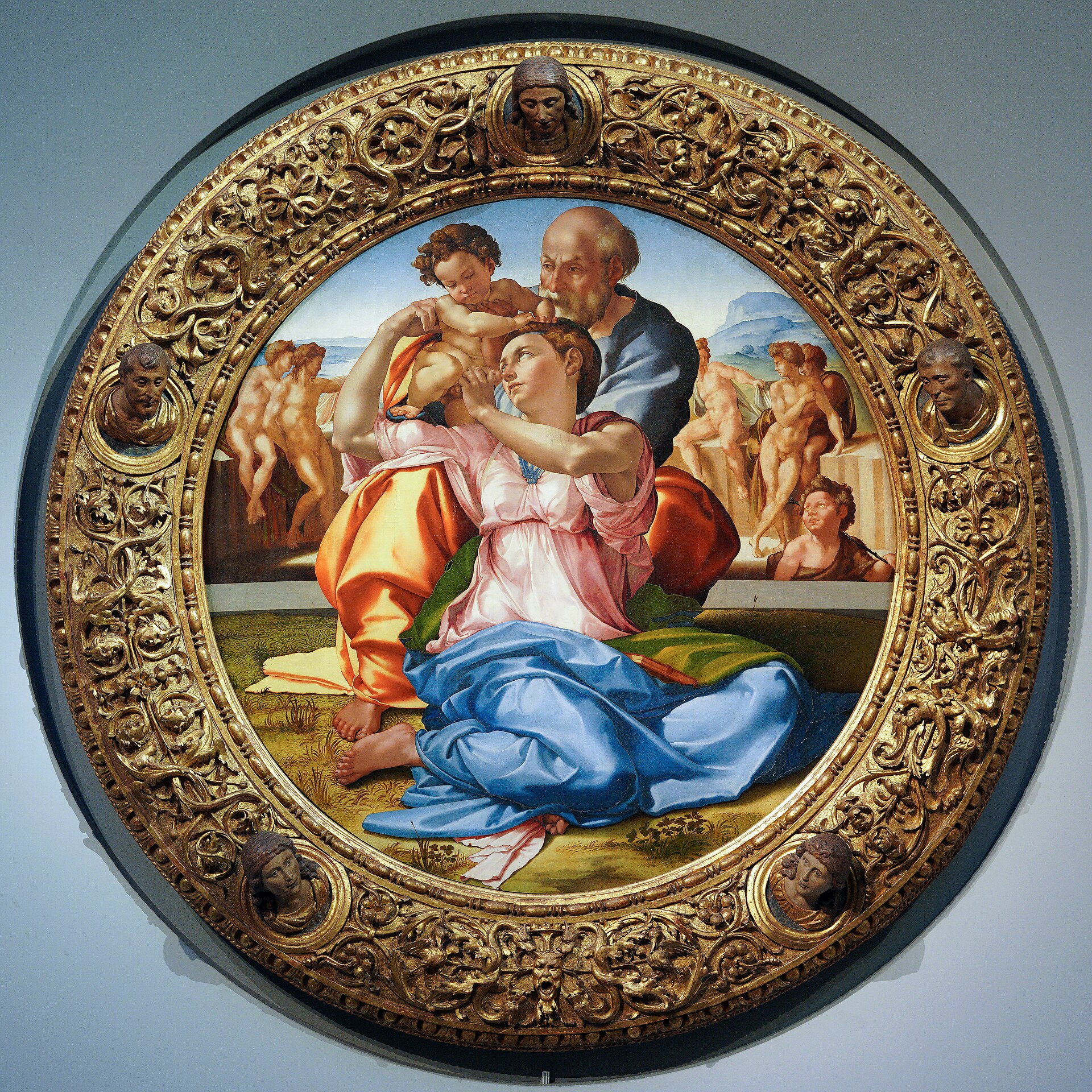 Michelangelo's Doni Tondo, painted around 1506 for the Florentine merchant Agnolo Doni, the only finished panel painting Michelangelo ever made.