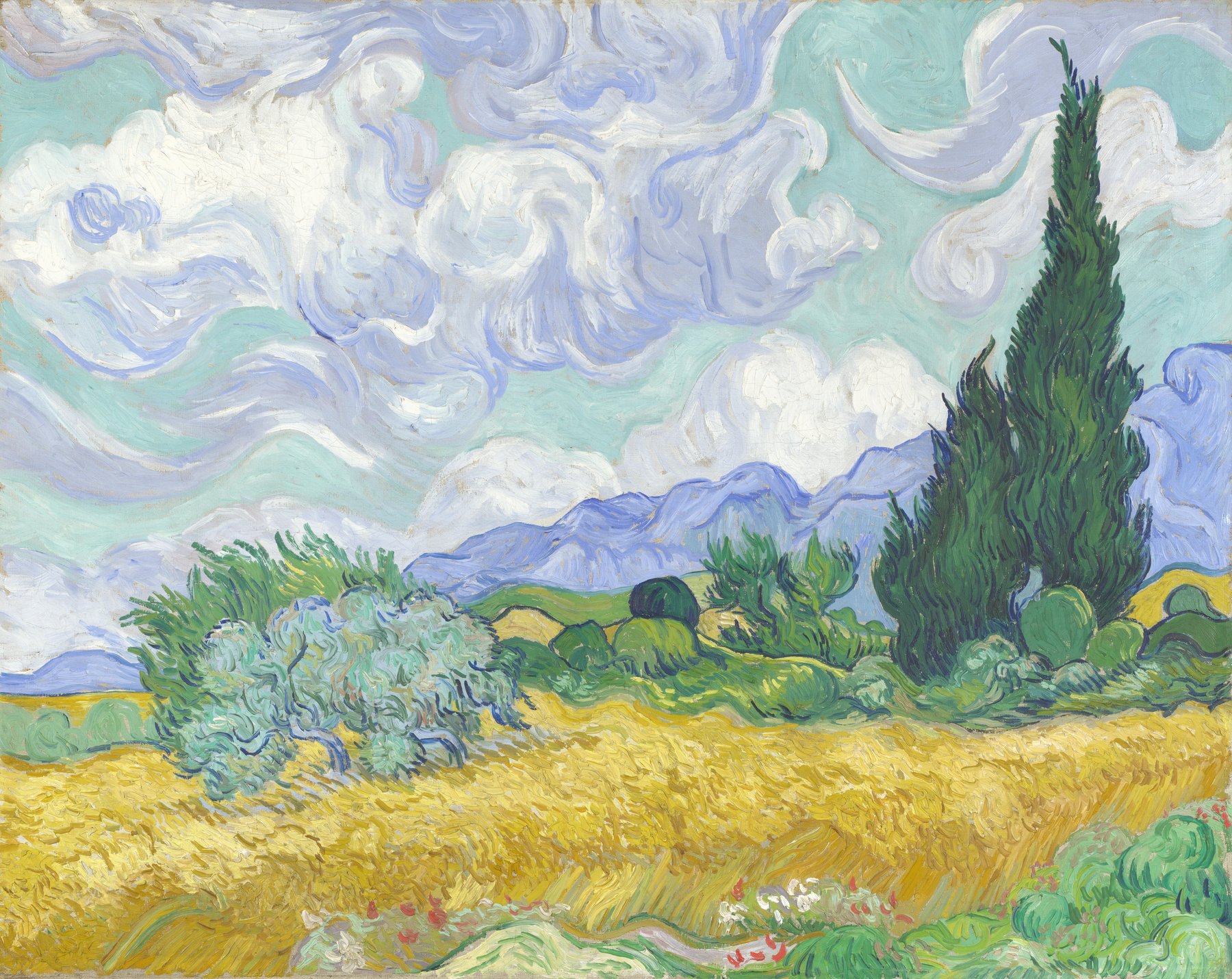 Wheat Field with Cypresses (1889), the painting where Van Gogh first solved the cypress as a subject -- now in the National Gallery, London