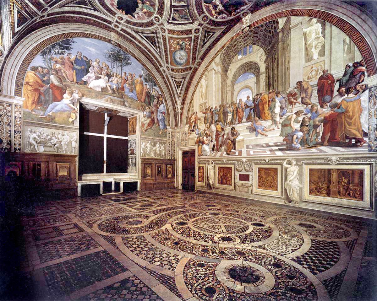 The Stanza della Segnatura in the Vatican Museums, with Raphael's School of Athens fresco visible on the back wall, showing Plato and Aristotle in the center of a crowd of philosophers under a coffered Renaissance arch.